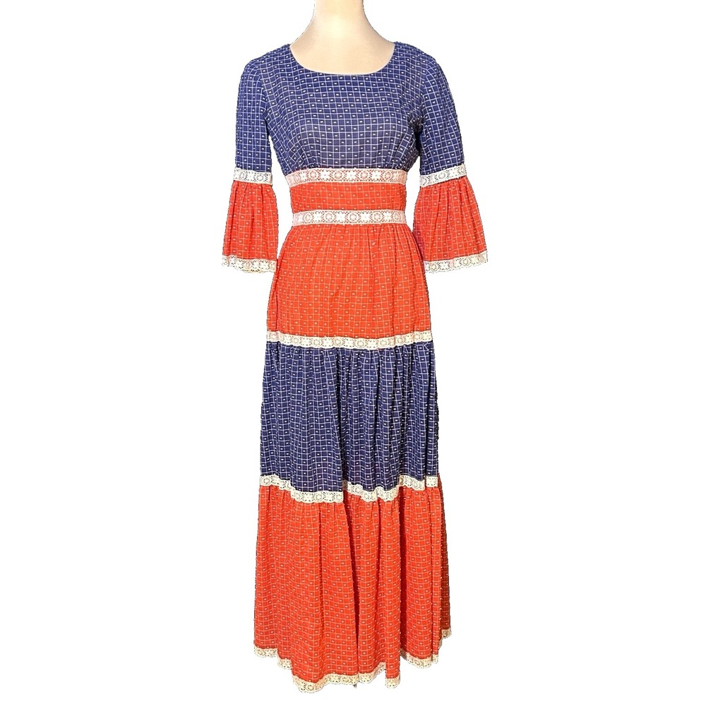 Vintage 1970s Gay Gibson Prairie Style Maxi Tiered Skirt Cottagecore Coquette